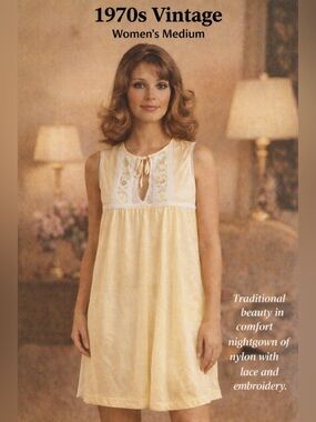 Vintage 1970s Yellow Nightgown Boho Lace Yoke Embroidered Nylon Tricot Medium
